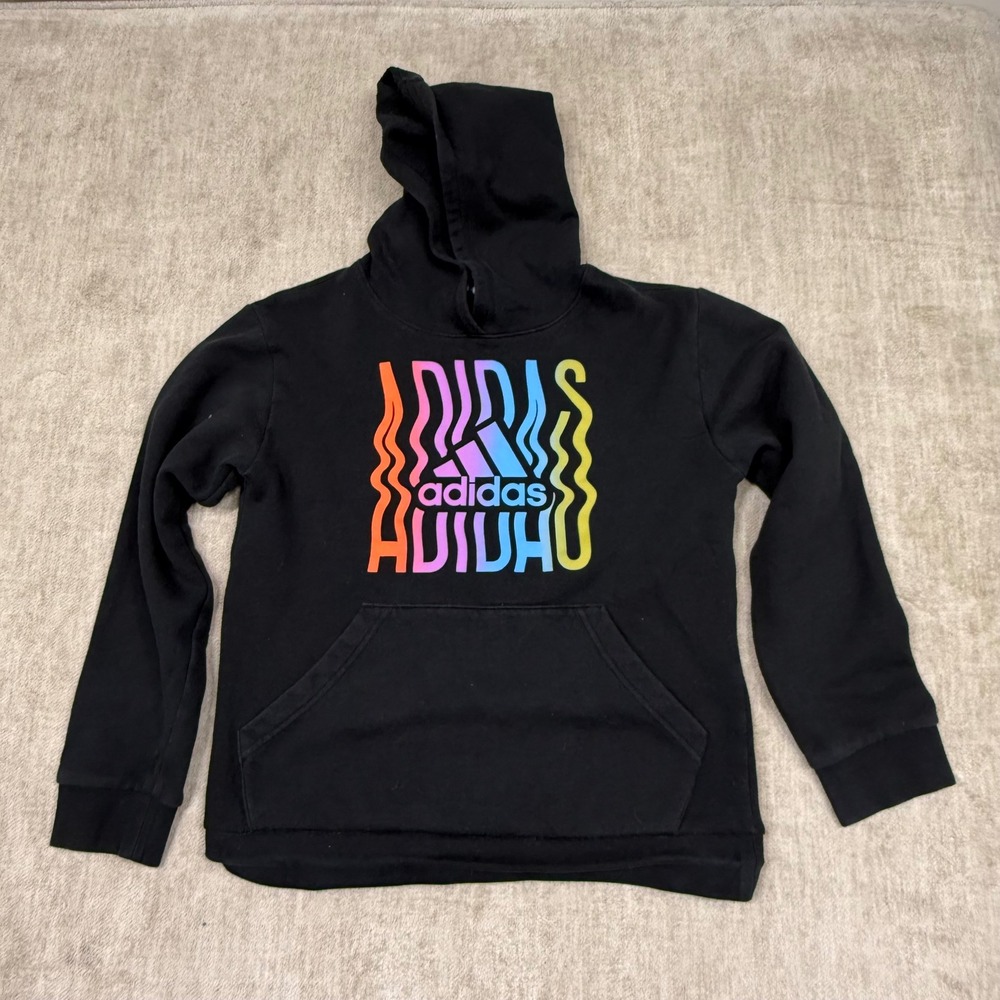 Adidas Youth Black Rainbow Wavy Logo Pullover Hoodie AA7640‎ Size L 14/16